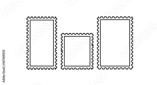 Three postage stamp outlines with decorative edges in varying sizes and rectangular proportions shown together
