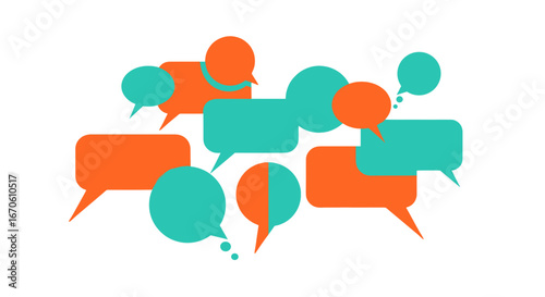 Collection of teal and orange speech bubbles overlapping each other in a clustered arrangement visual