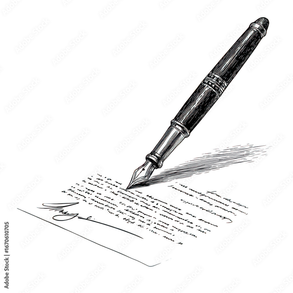 Fototapeta premium Vintage fountain pen writing a letter, retro ink sketch illustration, classic stationery graphic isolated on Transparent Background