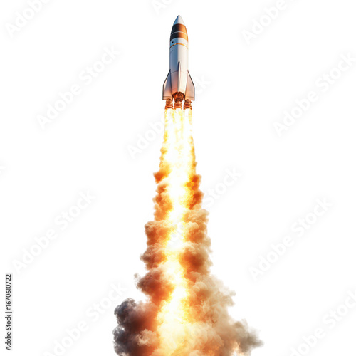 Powerful rocket launch ascending skyward with intense fire and smoke trail display transparent background