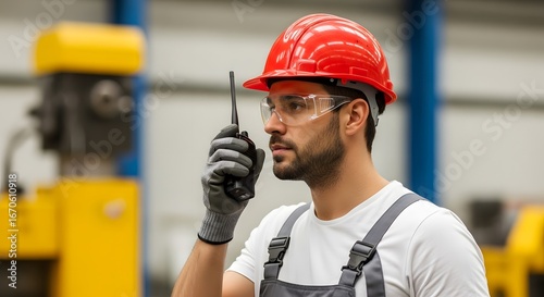 A worker in a red hard hat using a walkie talkie in a factory setting