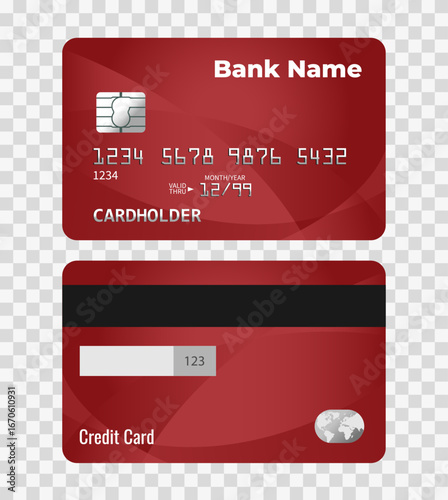 Red credit card template design isolated on a transparent background