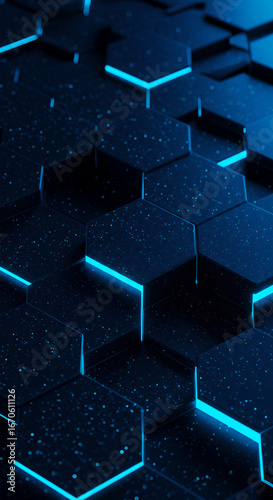 Abstract Dark Blue Hexagons with Glowing Cyan Edges and Digital Sparkles, a Futuristic Technology Background.