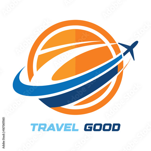 Dynamic global travel and tourism logo featuring a stylized airplane soaring around a vibrant orange globe with blue swirls representing journey and adventure