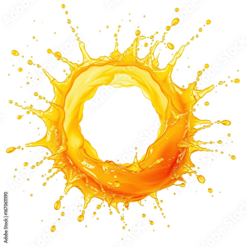 Splash of vibrant kumquat  liquid creating a circular shape on white background  