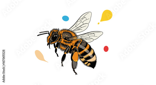 A detailed illustration of a flying honeybee with colorful speech bubbles indicating communication and sound