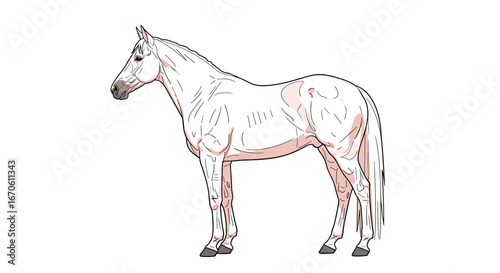 A majestic white horse standing proudly in a field with a hint of pink undertones