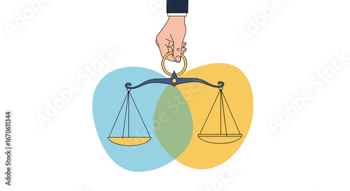 Illustration of balanced scales held by a hand above overlapping blue and yellow circles symbolizing fairness and equity in decision making