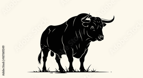 A powerful black bull stands proudly on the grassy ground under the bright sun
