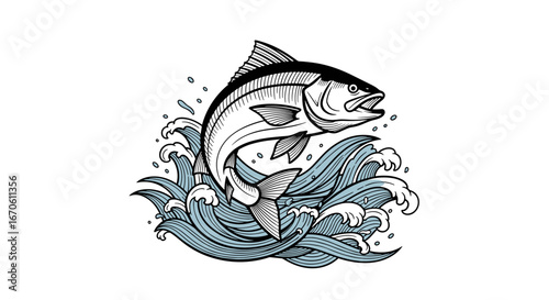 Majestic salmon leaping through crashing waves illustrating strength and natural beauty