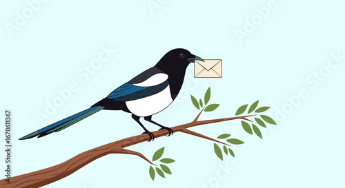 A black and white bird with a letter in its beak perched on a branch with green leaves against a light blue sky
