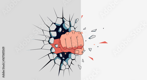Powerful fist breaks through wall causing shattering debris and impact effects representing strength and force