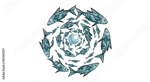 A swirling school of fish forms a mesmerizing spiral around a luminous pearl