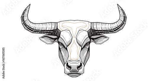 An intricate detailed illustration of a powerful bull's head showcasing its majestic horns and fierce expression in a black and white sketch style