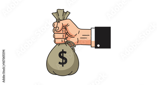 A strong hand firmly grips a burlap money bag showing the dollar symbol on a white background depicting financial security and wealth accumulation