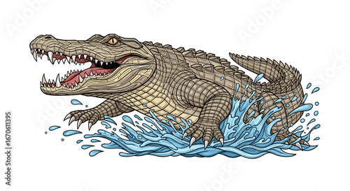 A fierce prehistoric reptile with sharp teeth and powerful jaws lunges out of the water with its mouth wide open
