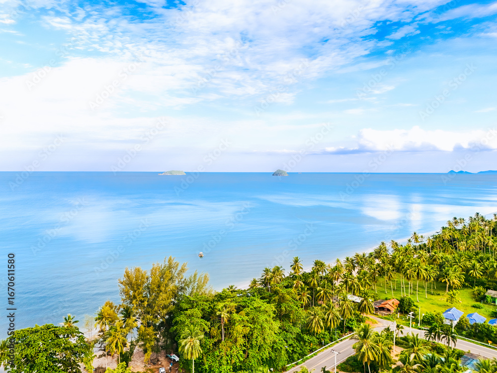 Obraz premium Aerial view beach sand sea holiday travel Thailand. Summer beach for concept environment natural background feeling happy relaxation or freedom. Landscape sea beach aerial. Ocean 