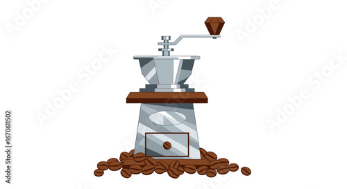Vintage manual coffee grinder with wooden base surrounded by freshly roasted coffee beans