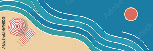 Top view of a beach scene with a red and white striped umbrella, towel, waves and a sun in the corner