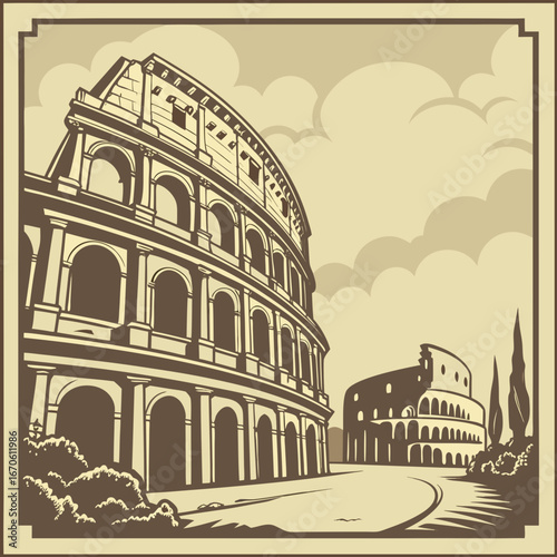 Sketch of the ancient Colosseum in Rome, Italy, an iconic landmark of old European city architecture