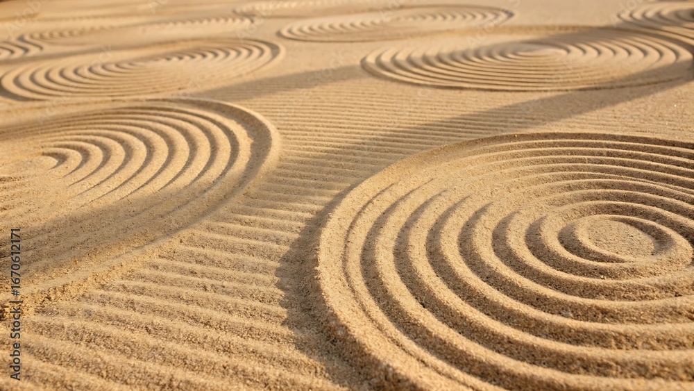 Naklejka premium Zen Garden Art Close-up of meticulously raked sand patterns, creating captivating circular designs in sunlight