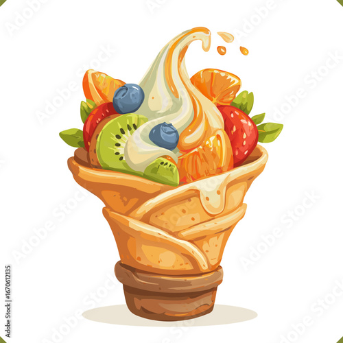 Vector illustration of Japanese street crepe filled with fruit and whipped cream, rolled cone style, in flat vector style, isolated on a white background