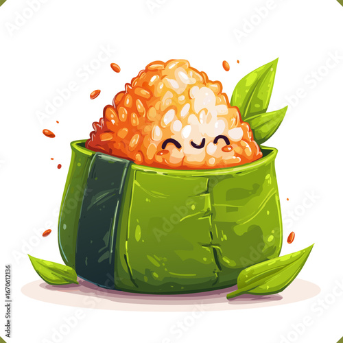 Vector illustration of Japanese onigiri rice ball with sesame seeds, seaweed wrap, and fresh leaves in flat vector style, traditional food, isolated on a white background