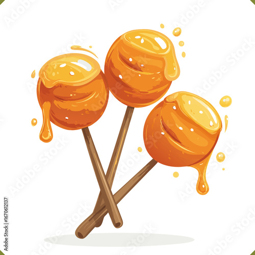 Vector illustration of colorful Japanese dango skewers with sweet sauce in flat vector style, traditional dessert snack, isolated on a white background