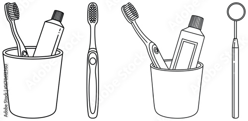 Toothbrush vector illustration set including toothpaste cups electric brush and dental mirror created in clean black and white outline style for healthcare