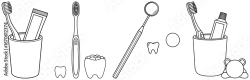 Toothbrush vector illustration set including toothpaste cup electric brush tooth and dental mirror designed in clean black and white outline style