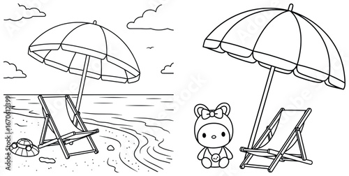 Beach vector illustration of seaside umbrella with deck chair shown in two variations including ocean view and cute toy figure designed in clean outline style