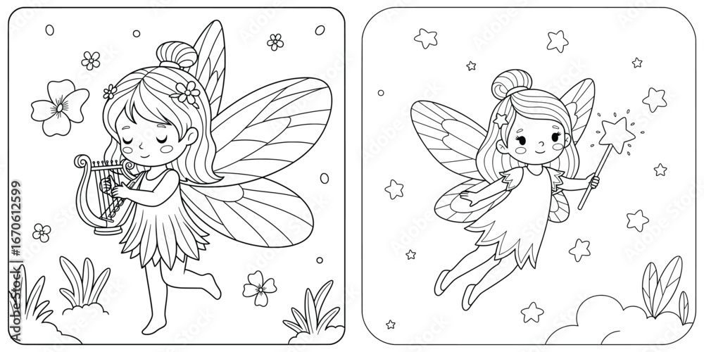 Naklejka premium Fairy illustration with two magical fairies playing harp and flying with wand in playful cartoon line art style perfect for fantasy creature and kids story artworks