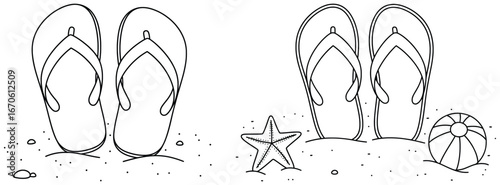 Flip flops illustration featuring sandals on sandy beach with starfish and ball in a simple summer cartoon line art style perfect for vacation themed artworks