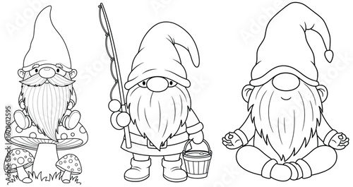 Gnome illustration with three cute gnomes in different poses cartoon line art style perfect for fantasy folklore character decoration and kids story themed artworks