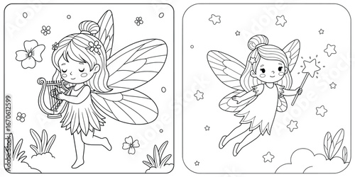 Fairy illustration with two magical fairies playing harp and flying with wand in playful cartoon line art style perfect for fantasy creature and kids story artworks