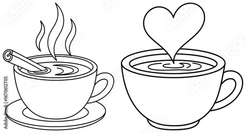 Coffee illustration with hot cups cinnamon stick steam and heart design in playful cartoon line art style perfect for cafe beverage menu and cozy drink themed artworks