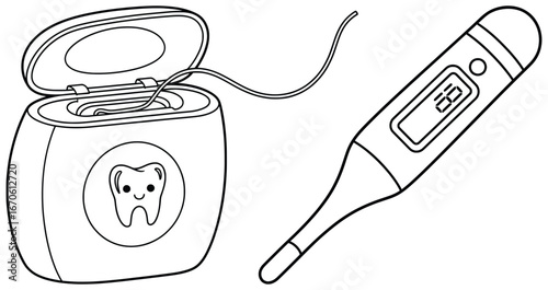 Medical illustration with dental floss container and digital thermometer in simple cartoon line art style perfect for healthcare hospital and dental themed designs
