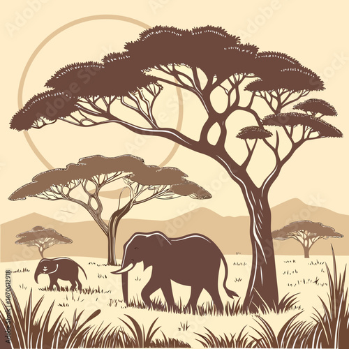 A beautiful sunset over the savanna shows the silhouette of a wild elephant with a tree in the distance