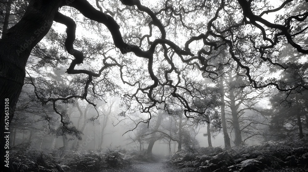 Obraz premium Intricate, gnarled tree branches intertwine in a misty, gray forest, creating an atmospheric and mysterious scene.