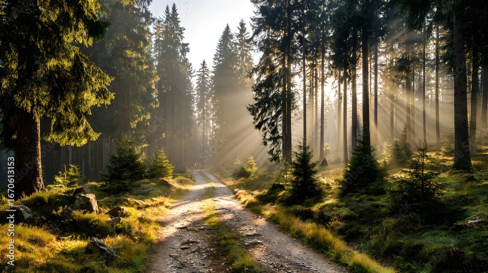 Fototapeta premium Sunlight streams through a tranquil forest, illuminating a winding dirt path.