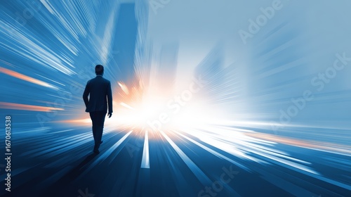 A business figure walking towards a bright horizon in a cityscape.
