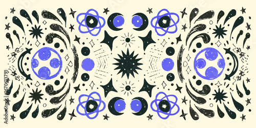 Whimsical hand drawn celestial and abstract shapes with a cosmic theme