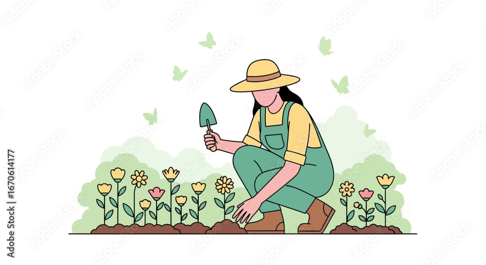 Naklejka premium Woman Gardening Blooming Flowers In The Yard In A Relaxed And Peaceful Way
