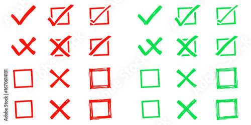 Collection of hand drawn red and green checkmarks and crosses in boxes