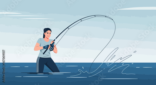 Woman Fishing With Rod And Reel Stands In Water Illustration