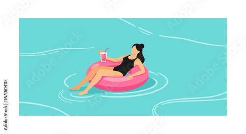 Woman Floating Relaxing Summer Day on Inflatable Ring with Beverage