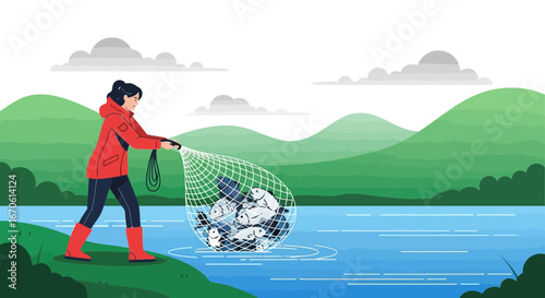 Woman Fishing With Net In Lakeside Landscape Vector Illustration