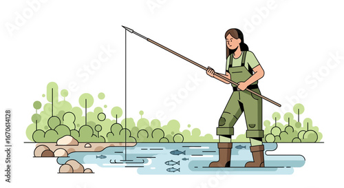 Woman Fishing With Spear In Nature River For Sport Hunting Or Outdoor Leisure
