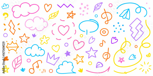 Lively hand drawn doodle elements featuring hearts stars clouds crowns and swirls on white background