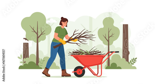 Woman Gardener Cleans Branches and Debris In Wheelbarrow In Garden